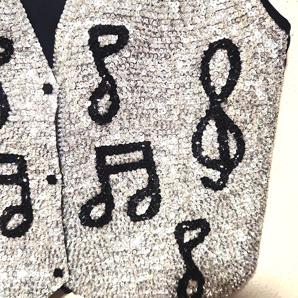 Vintage Hurry Up Sequined Music Notes Silver & Black Vest Unisex Size Medium - Picture 2 of 12